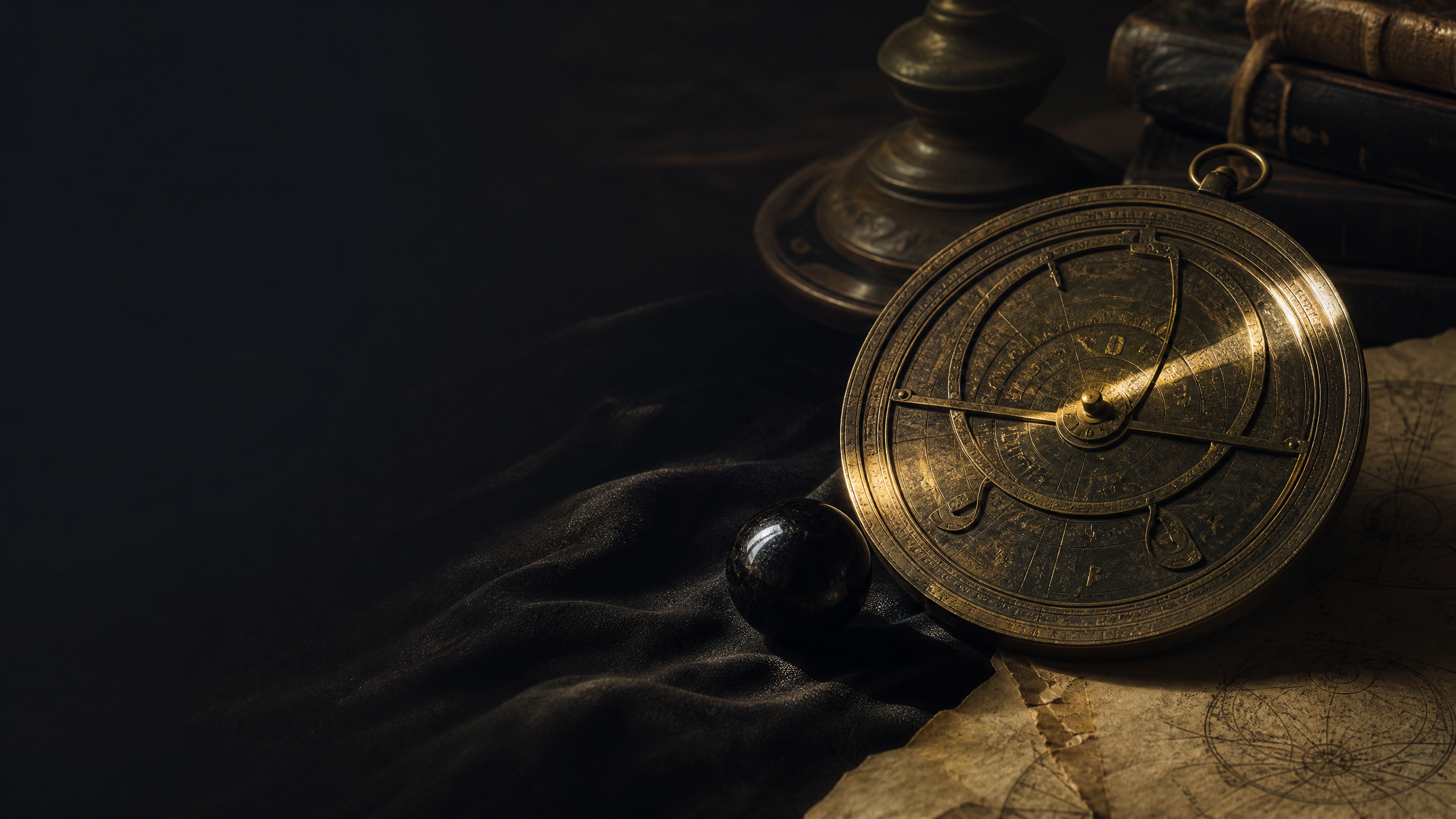 Antique astrolabe resting on black silk and vellum